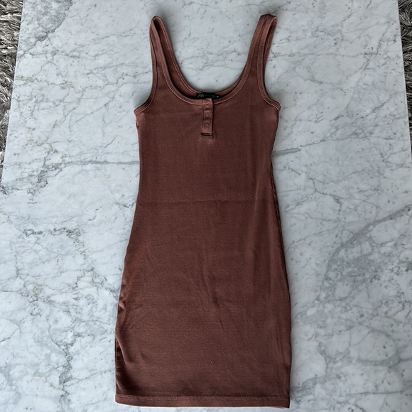 brown ribbed dress zara Zara Brown Ribbed Knit Short Sleeve Side Ruched Tie Mini Bodycon Dress Size  S main image 1